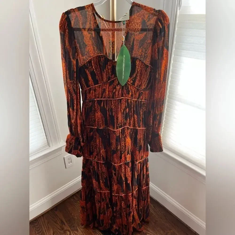 Farm Rio Sheer Printed Tiered Maxi Dress by Anthropologie XS